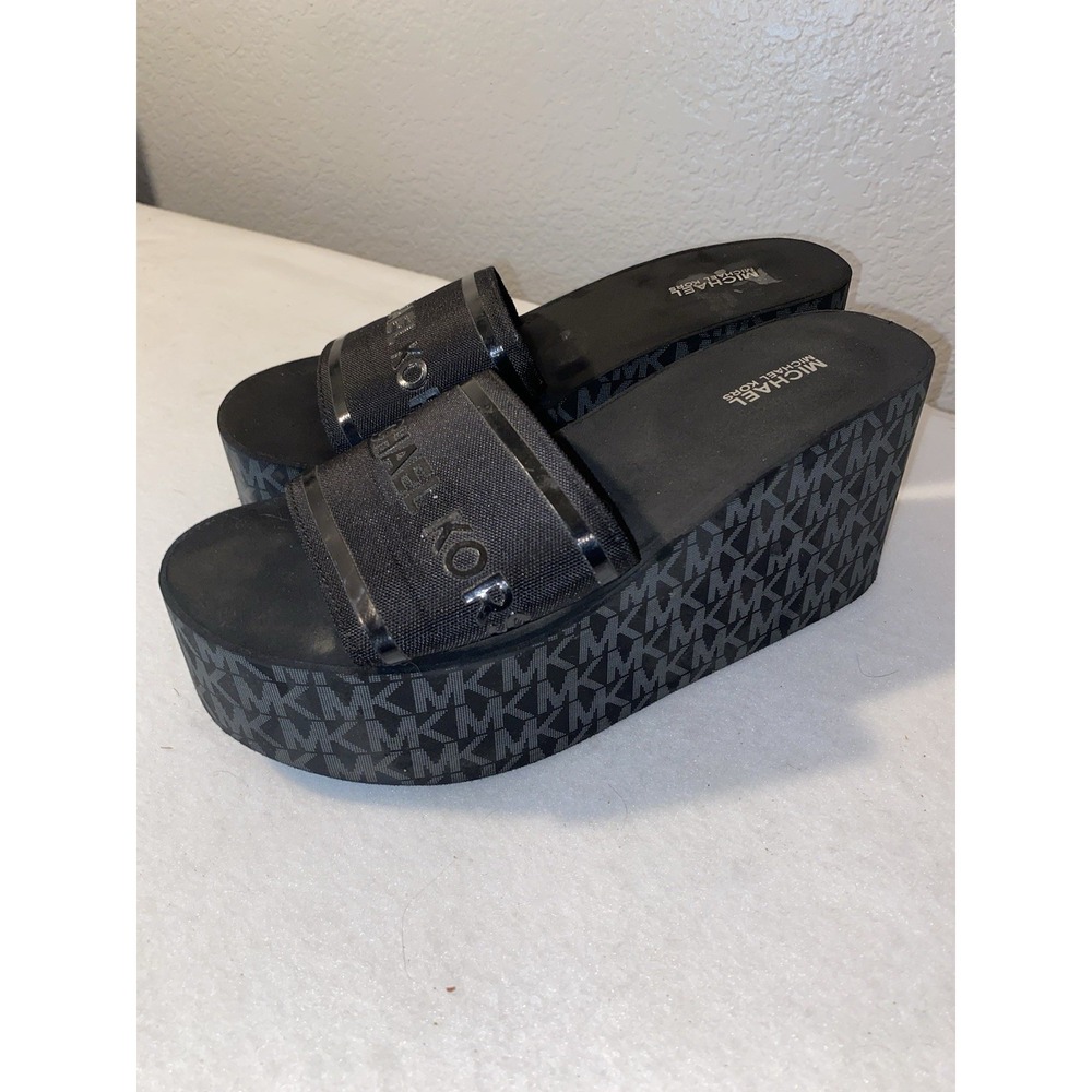 Michael Kors MK Logo Monogram Wedge Platform Sandals US 7 Black foam